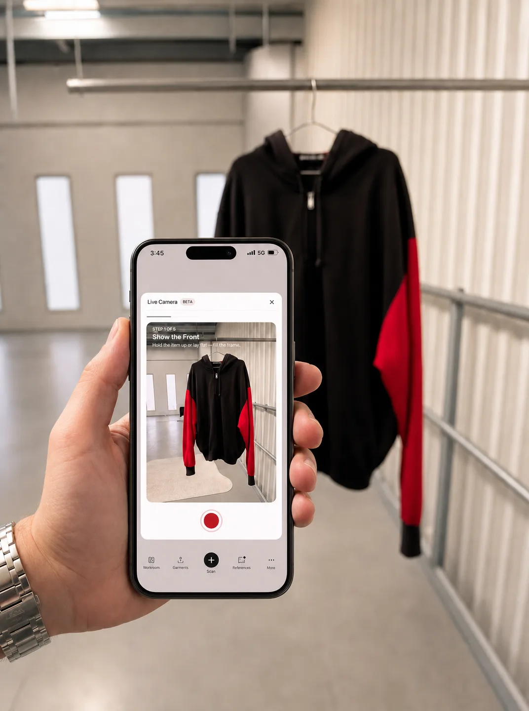 Scanning a hoodie with Ragpiq's Live Camera to list it in seconds